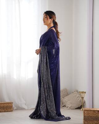 Women's Navy Blue Georgette Sequins Designer Saree with Blouse 2