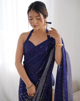 Women's Navy Blue Georgette Sequins Designer Saree with Blouse 3