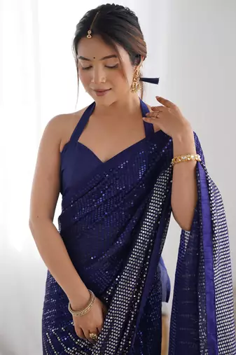 Women's Navy Blue Georgette Sequins Designer Saree with Blouse
