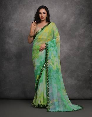 Women's Green Chiffon Print with Mirror Work Designer Saree with Blouse 1