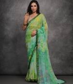 Women's Green Chiffon Print with Mirror Work Designer Saree with Blouse