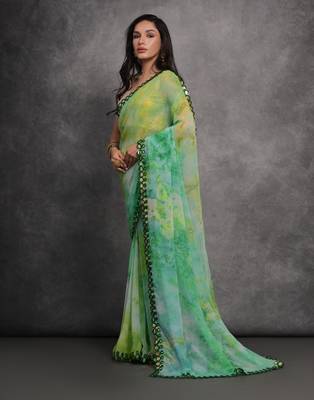 Women's Green Chiffon Print with Mirror Work Designer Saree with Blouse 2