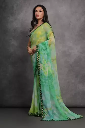 Women's Green Chiffon Print with Mirror Work Designer Saree with Blouse