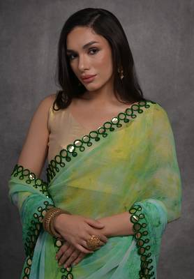 Women's Green Chiffon Print with Mirror Work Designer Saree with Blouse 3