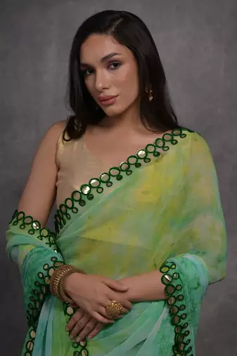 Women's Green Chiffon Print with Mirror Work Designer Saree with Blouse