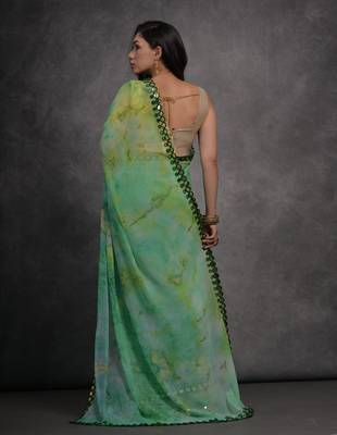 Women's Green Chiffon Print with Mirror Work Designer Saree with Blouse 4
