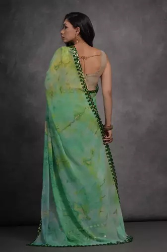 Women's Green Chiffon Print with Mirror Work Designer Saree with Blouse