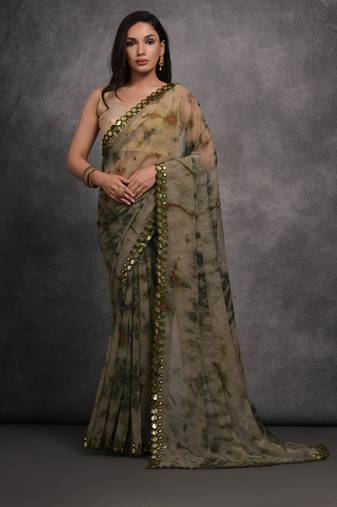 Women's Grey Chiffon Print with Mirror Work Designer Saree with Blouse