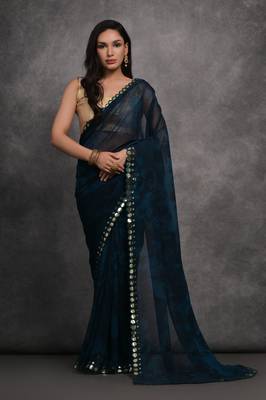 Women's Navy Blue Chiffon Print with Mirror Work Designer Saree with Blouse 1