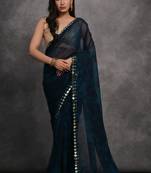 Women's Navy Blue Chiffon Print with Mirror Work Designer Saree with Blouse