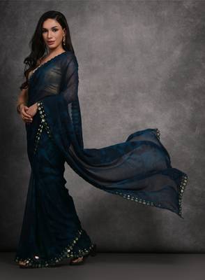 Women's Navy Blue Chiffon Print with Mirror Work Designer Saree with Blouse 2