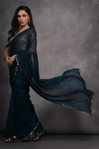 Women's Navy Blue Chiffon Print with Mirror Work Designer Saree with Blouse
