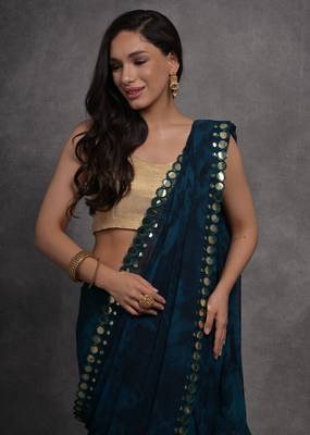 Women's Navy Blue Chiffon Print with Mirror Work Designer Saree with Blouse 3