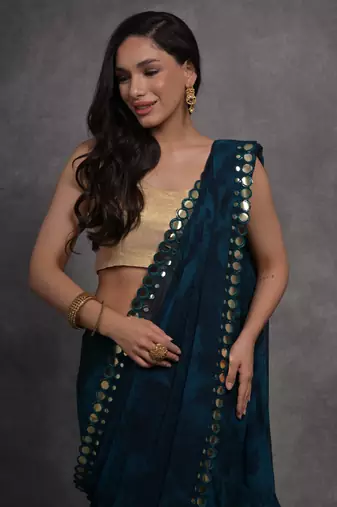 Women's Navy Blue Chiffon Print with Mirror Work Designer Saree with Blouse