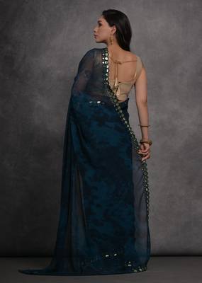 Women's Navy Blue Chiffon Print with Mirror Work Designer Saree with Blouse 4
