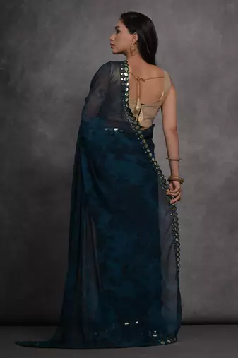 Women's Navy Blue Chiffon Print with Mirror Work Designer Saree with Blouse