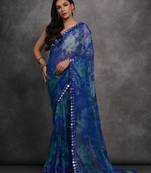 Women's Blue Chiffon Print with Mirror Work Designer Saree with Blouse