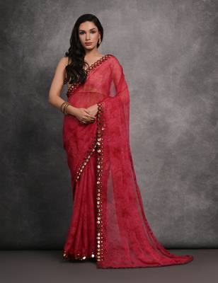 Women's Pink Chiffon Print with Mirror Work Designer Saree with Blouse 1