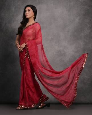 Women's Pink Chiffon Print with Mirror Work Designer Saree with Blouse 2