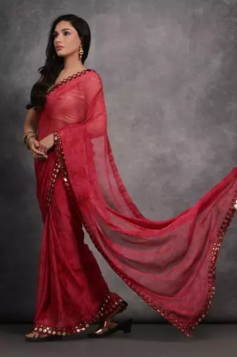 Women's Pink Chiffon Print with Mirror Work Designer Saree with Blouse