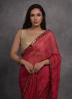 Women's Pink Chiffon Print with Mirror Work Designer Saree with Blouse 3