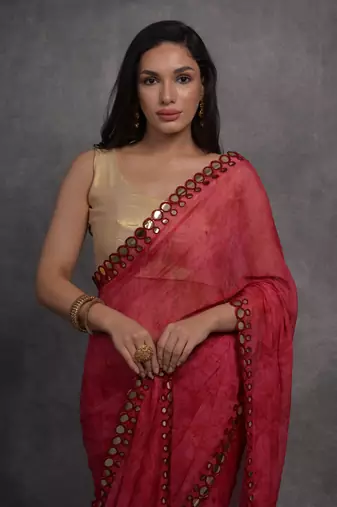 Women's Pink Chiffon Print with Mirror Work Designer Saree with Blouse