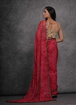 Women's Pink Chiffon Print with Mirror Work Designer Saree with Blouse 4