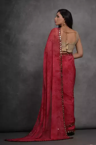 Women's Pink Chiffon Print with Mirror Work Designer Saree with Blouse