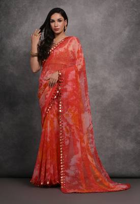 Women's Red Chiffon Print with Mirror Work Designer Saree with Blouse 1