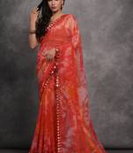 Women's Red Chiffon Print with Mirror Work Designer Saree with Blouse