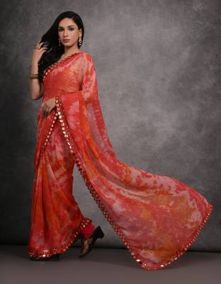 Women's Red Chiffon Print with Mirror Work Designer Saree with Blouse 2
