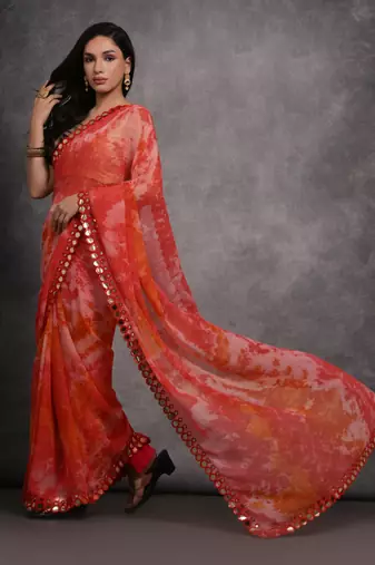 Women's Red Chiffon Print with Mirror Work Designer Saree with Blouse