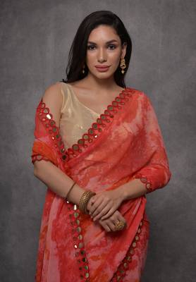 Women's Red Chiffon Print with Mirror Work Designer Saree with Blouse 3
