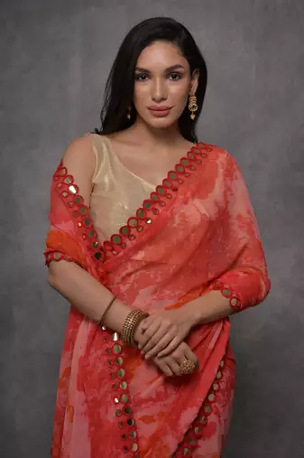 Women's Red Chiffon Print with Mirror Work Designer Saree with Blouse