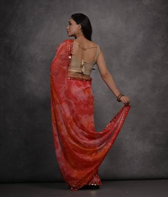 Women's Red Chiffon Print with Mirror Work Designer Saree with Blouse 4