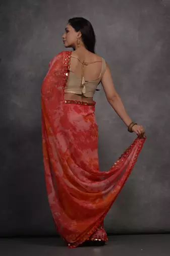 Women's Red Chiffon Print with Mirror Work Designer Saree with Blouse