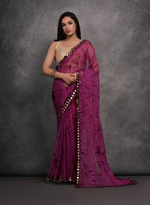 Women's Wine Chiffon Print with Mirror Work Designer Saree with Blouse 1