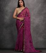 Women's Wine Chiffon Print with Mirror Work Designer Saree with Blouse