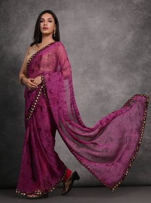Women's Wine Chiffon Print with Mirror Work Designer Saree with Blouse 2
