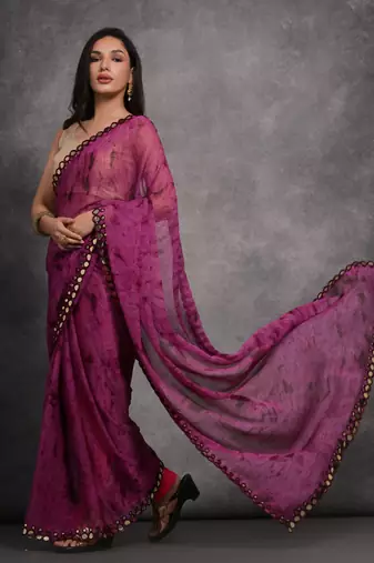Women's Wine Chiffon Print with Mirror Work Designer Saree with Blouse