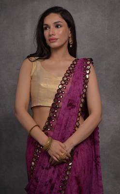 Women's Wine Chiffon Print with Mirror Work Designer Saree with Blouse 3