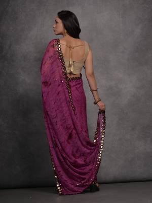 Women's Wine Chiffon Print with Mirror Work Designer Saree with Blouse 4