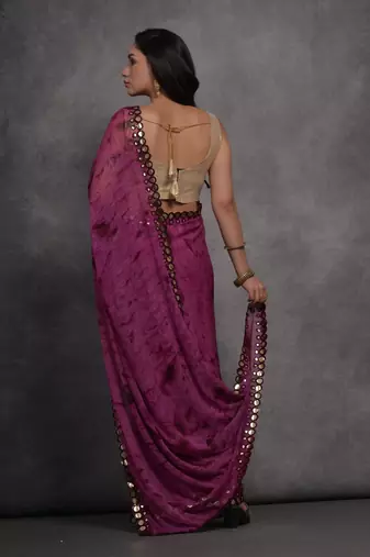 Women's Wine Chiffon Print with Mirror Work Designer Saree with Blouse