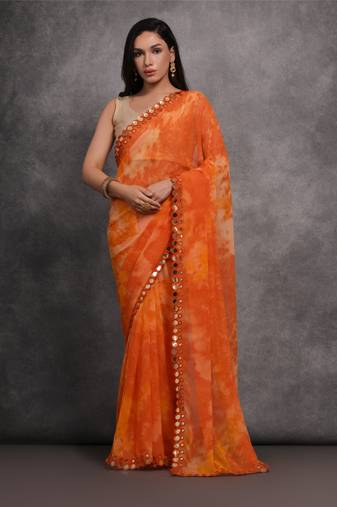 Women's Orange Chiffon Print with Mirror Work Designer Saree with Blouse