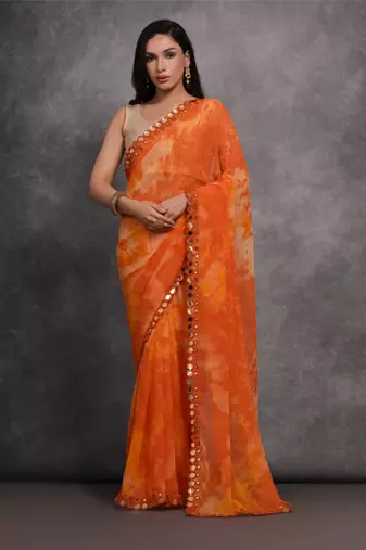 Women's Orange Chiffon Print with Mirror Work Designer Saree with Blouse