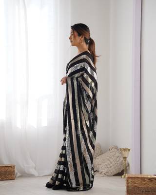 Women's Black Georgette Sequins Designer Saree with Blouse 2