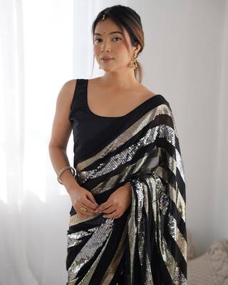 Women's Black Georgette Sequins Designer Saree with Blouse 3