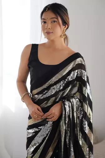 Women's Black Georgette Sequins Designer Saree with Blouse