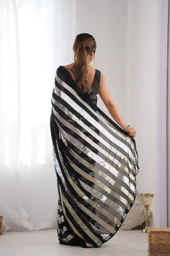 Women's Black Georgette Sequins Designer Saree with Blouse