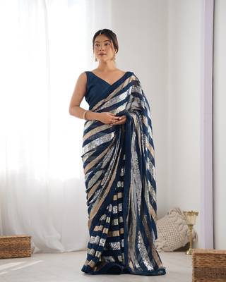 Women's Teal Georgette Sequins Designer Saree with Blouse 1